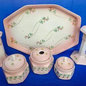 Antique Hollinshead & Kirkham Blooming Clover 9-Piece Porcelain Vanity Set